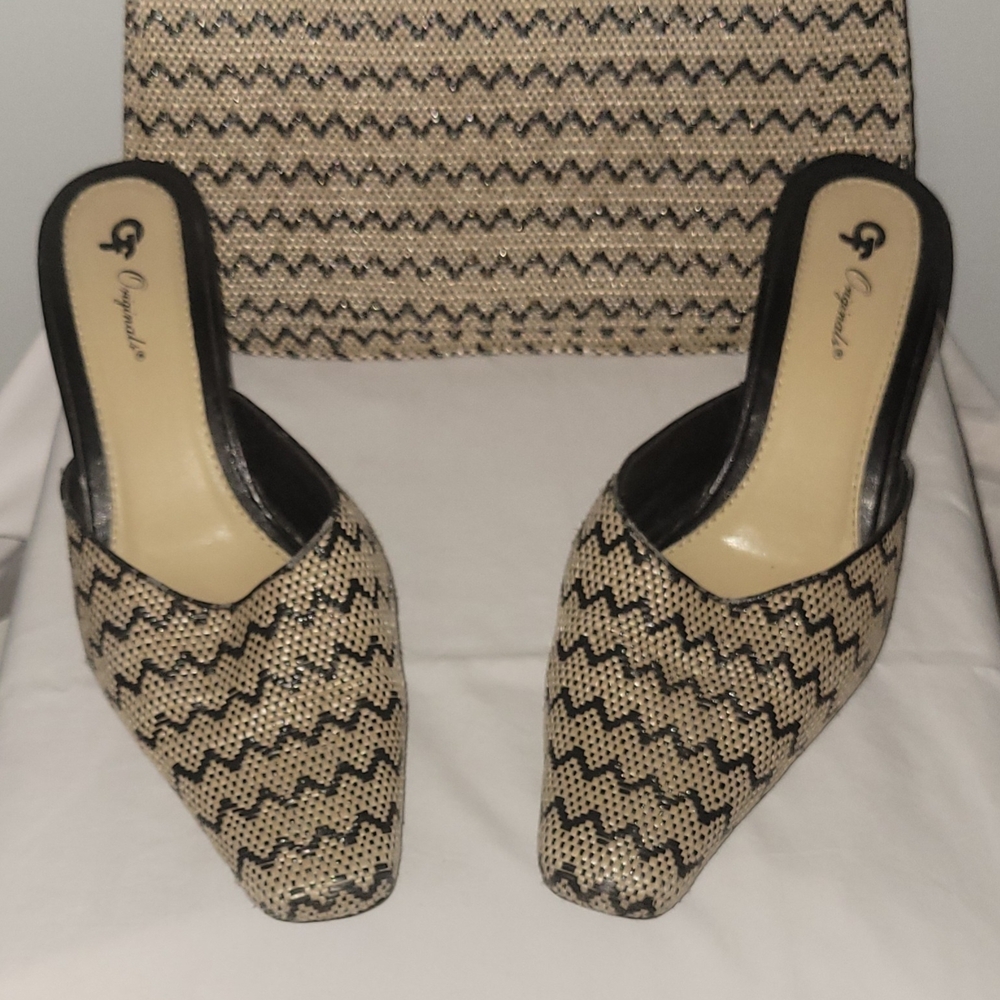 Glamour Black and Cream Zigzag Mules w/ Matching Handbag/Clutch